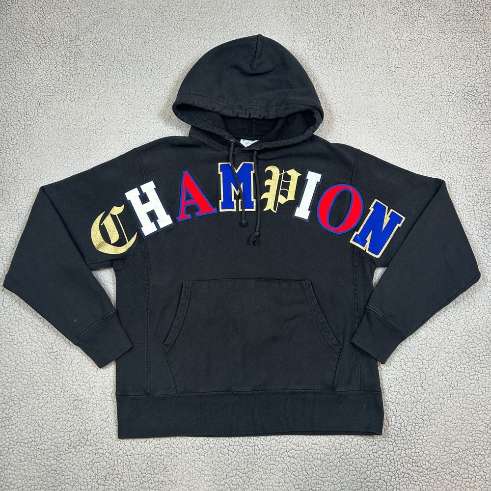 Champion Sweatshirt Mens Medium Black Big Spell Out Logo‎ Reverse Weave Hoodie